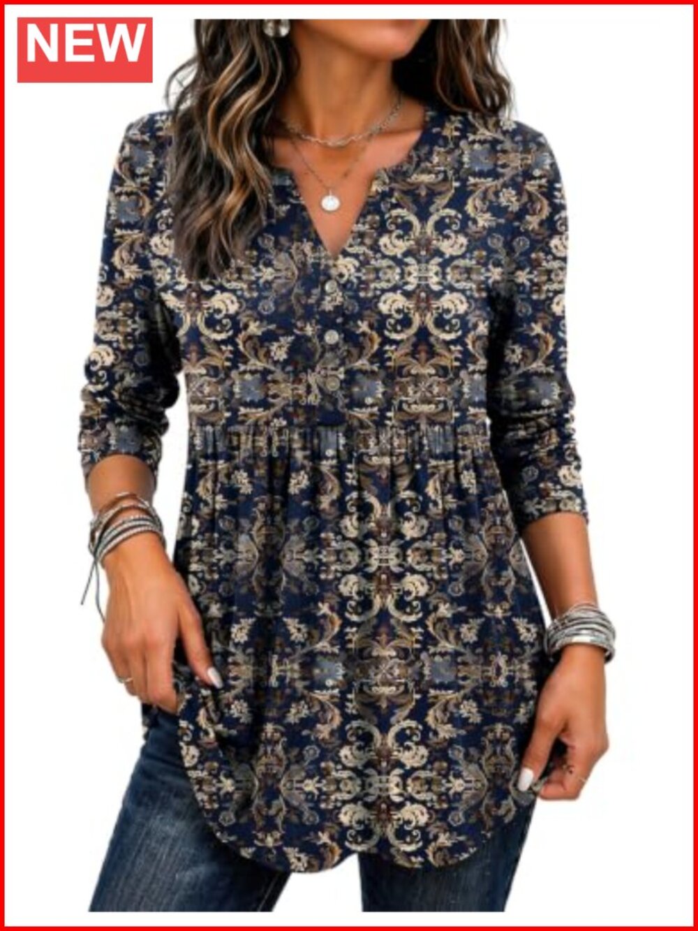 Zeagoo Women's Long Sleeve Boho Henley Tunic Pleated V-Neck Blouse